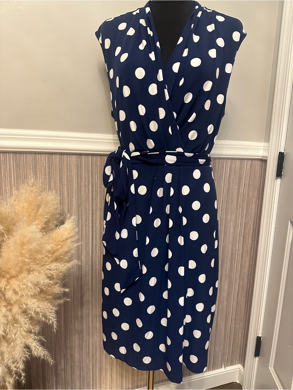 Ann Taylor Size 16 Navy White Polka Dot Faux Wrap Midi Belted Dress